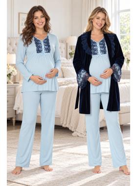Effortt 8088M Kadife Sabahlıklı Dantelli Lohusa Pijama Takımı